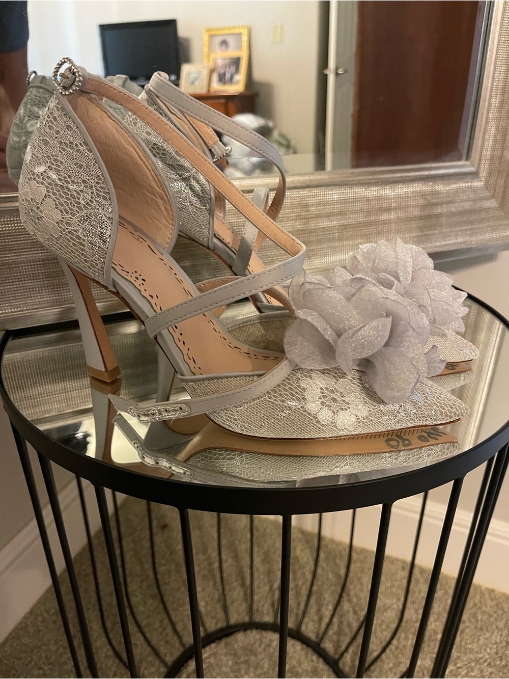 Muse by Marchesa  Silver Lace T-Strap Heels with Sparkle Floral Appliqué